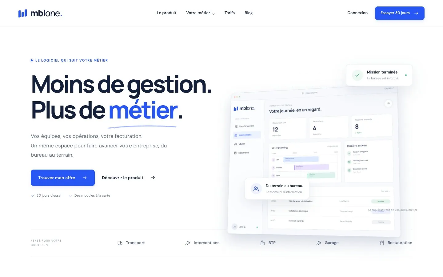 Logiciel MBL One : page d’accueil